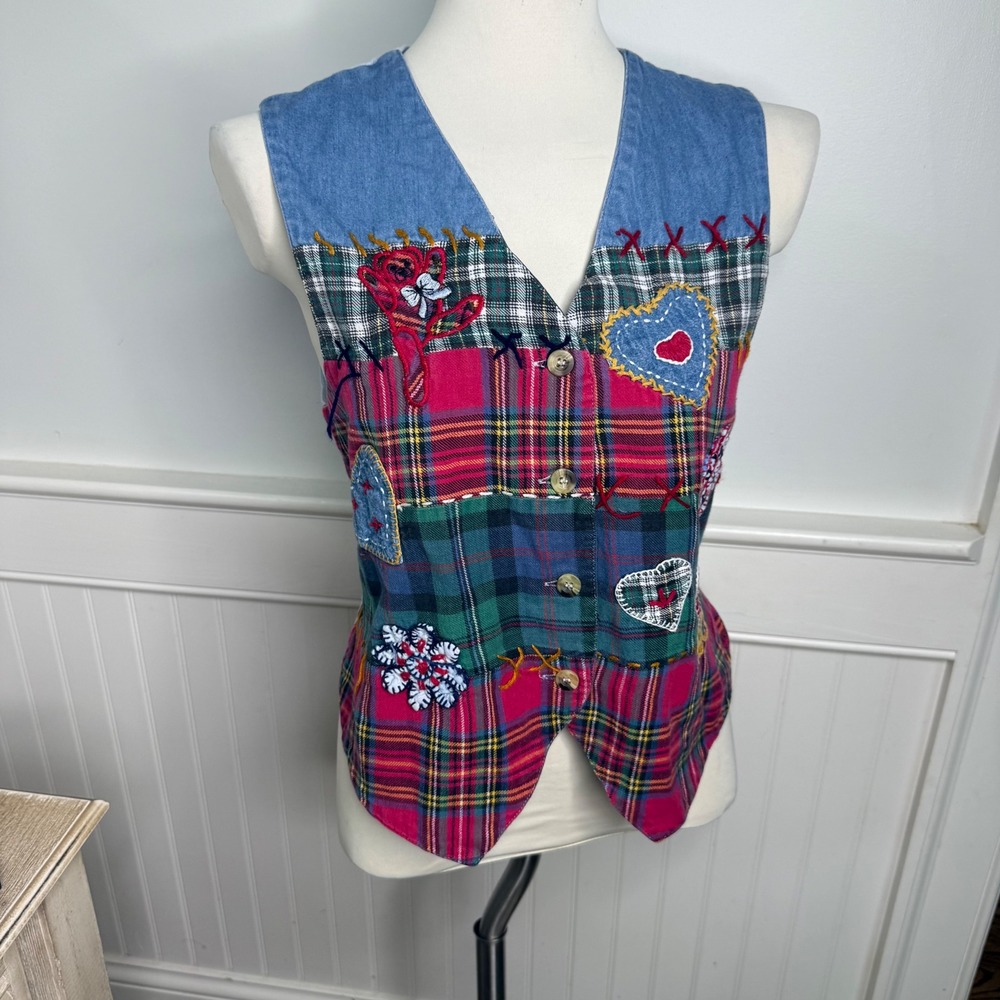 Casey & Max Vintage Patchwork Plaid Denim Embroidered Vest Womens Medium Cotton
